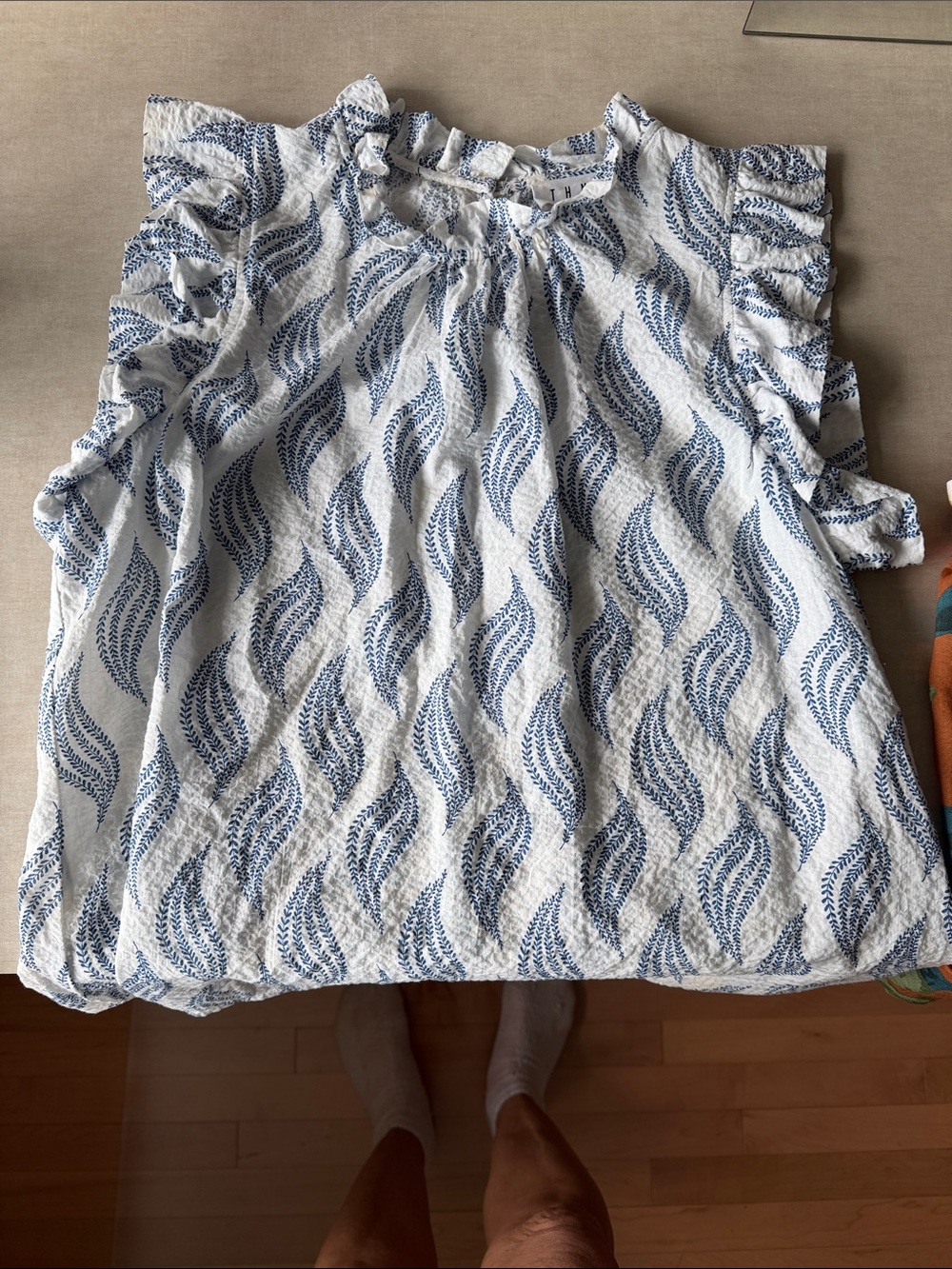 THML White Sleeveless Blouse with Blue Leaf Motif